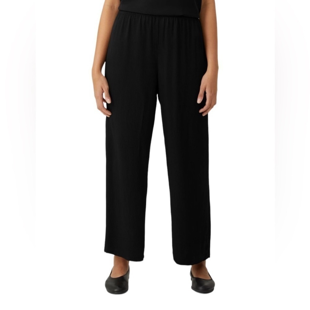 Eileen Fisher || Black 100% Silk Lightweight Elastic Waist Wide Leg Pants Small
